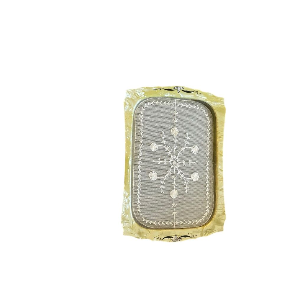 Vintage Art Deco Yellow Luster Celluloid Glass Vanity Dresser Tray Lace Inset